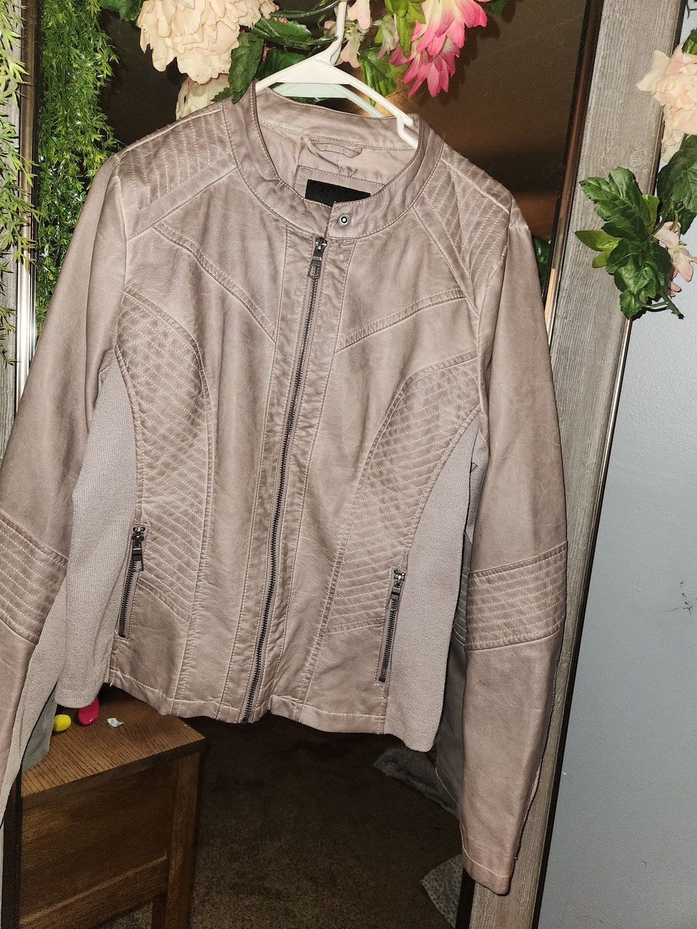 Maurices Taupe Faux Leather Moto Jacket with Stretch Panels